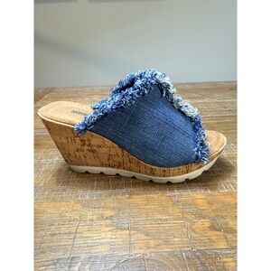 Minnetonka Womens Blue Frayed Denim Cork Wedge Slide Sandals Size 6 Boho Jeans